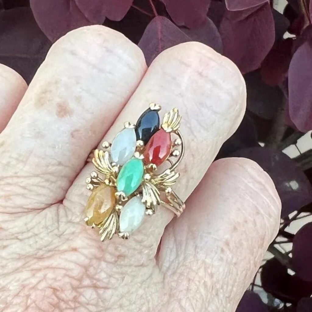 Estate Multi Color Six Stone Marquis Shape Jade Ring