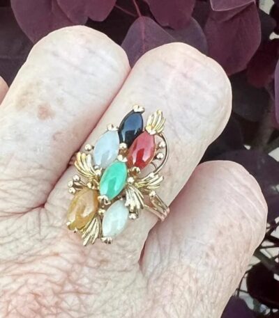 Estate Multi Color Six Stone Marquis Shape Jade Ring