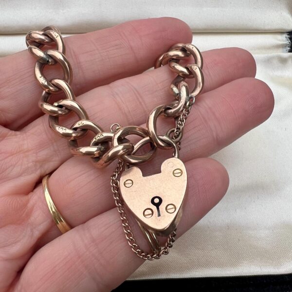 Vintage Gold Heart Padlock Bracelet | Old Chunky Curb Link Chain | Mid Century Jewelry | 9kt Solid Gold   26