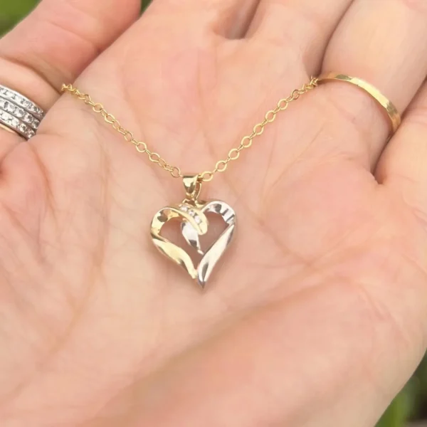 Vintage 10k White & Yellow Gold Heart Pendant – Diamond Accent #175
