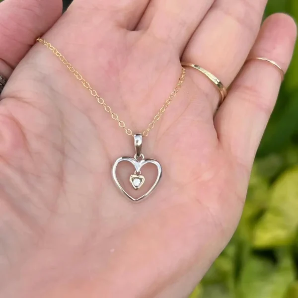 Vintage 14k White & Yellow Gold Diamond Heart Pendant #196