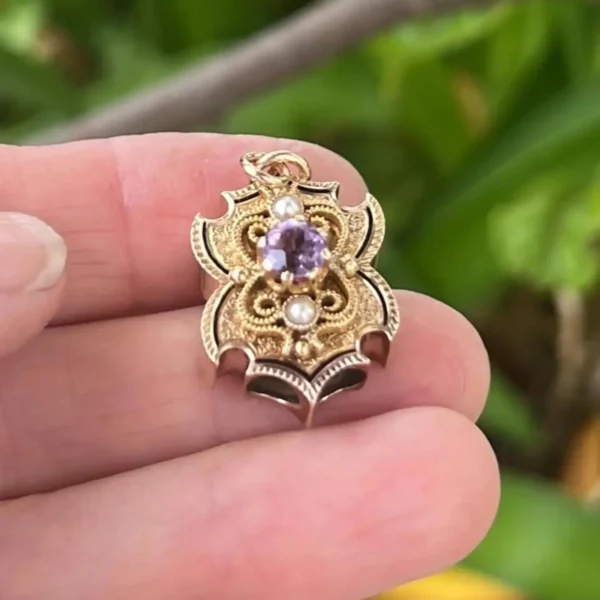 Vintage Victorian 14k Slide Amethyst & Pearls Pendant #161