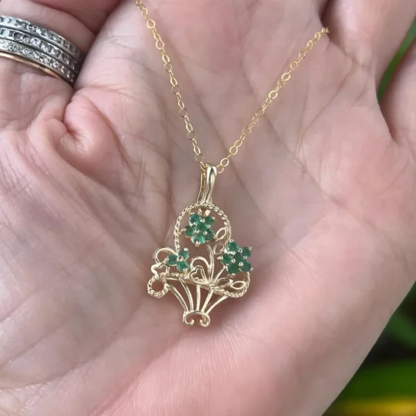 Vintage 14k Gold Emerald Flower Basket Pendant #158
