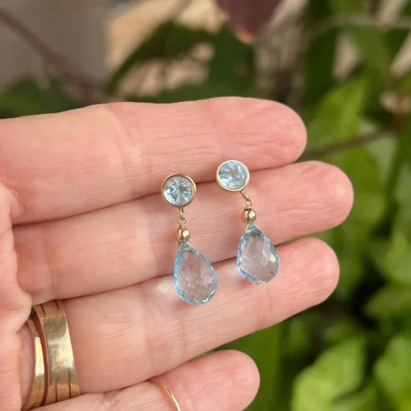 Vintage 14k Gold Blue Topaz Dangle Earrings – Round & Briolette #210