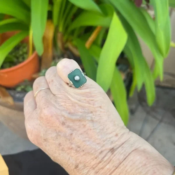 Vintage 14k White Gold Art Deco Ring Size 4.75 – Green Stone & Diamond #161