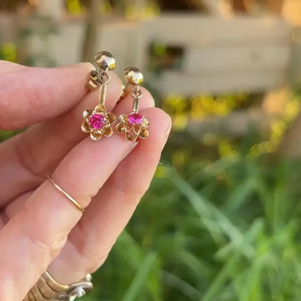 Vintage 14k Gold Spinel Drop Earrings – Red Gemstones #180