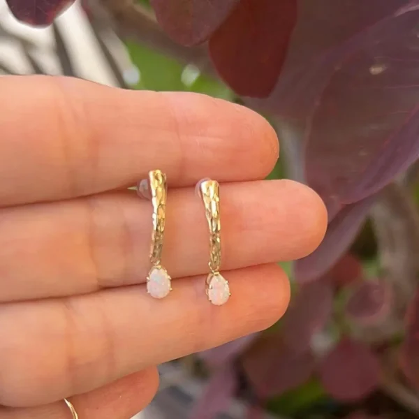 Vintage 14k Gold Opal Dangle Earrings – 14mm Bar, Silicone Backs #205
